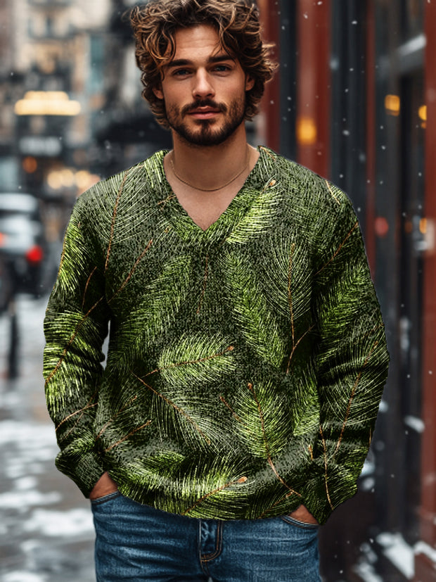 Men's Vintage Pine Leaf Art Print Knit V-Neck Pullover Shirt