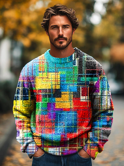 Men's Vintage Abstract Line Color Block Art Print Knit Crew Neck Pullover Shirt