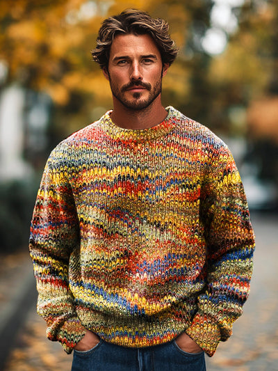 Men's Vintage Multicolor Geometric Wave Art Print Knit Crew Neck Pullover