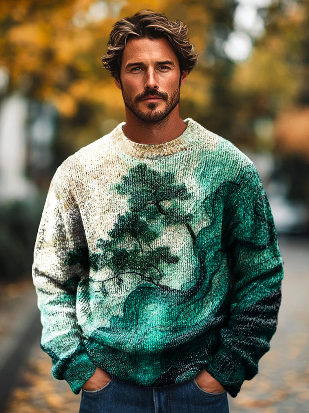 Men's Vintage Abstract Seaside Tree Art Print Knit Crew Neck Pullover Shirt