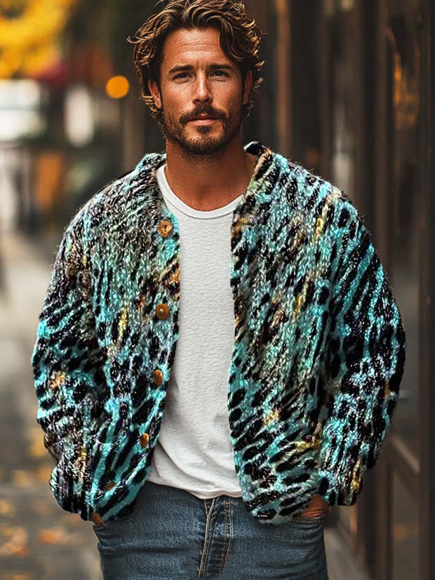 Men's fashion leopard print long sleeve sweater cardigan