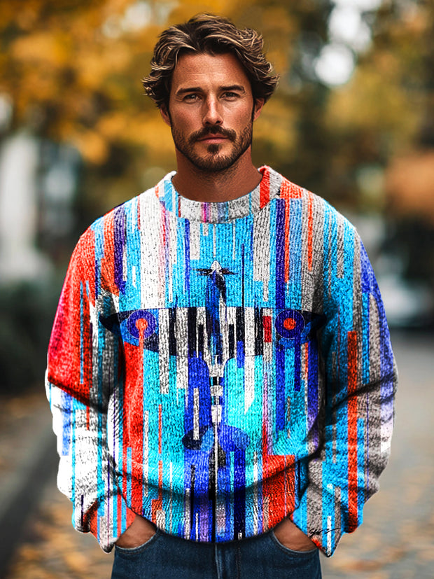 Men's Vintage Airplane Multicolor Graffiti Art Print Knit Crew Neck Pullover Shirt