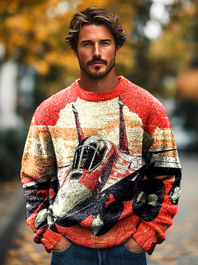 Men's Vintage Red Battleship Art Print Knit Crew Neck Pullover Shirt