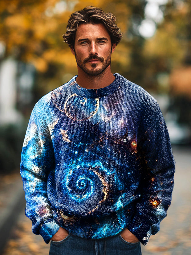 Men's Vintage Star Swirl Art Print Knit Crew Neck Pullover Shirt