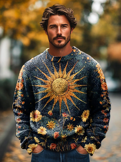 Men's Vintage Sun Floral Art Print Knit Crew Neck Pullover Shirt