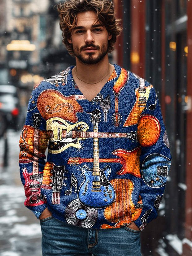 Gentleman Vintage Electric Guitar Note Art Print Knit V-Neck Pullover Sweater