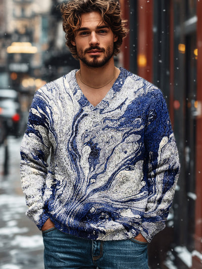 Gentleman Vintage Abstract Blue Textured Art Print Knit V-Neck Pullover Shirt