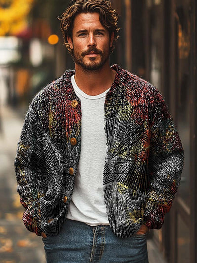 Men's fashion abstract art print long sleeve sweater cardigan