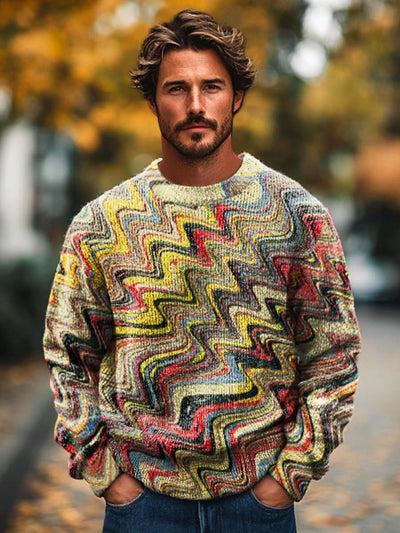 Men's abstract colorful wave texture art print long sleeved crew neck sweater