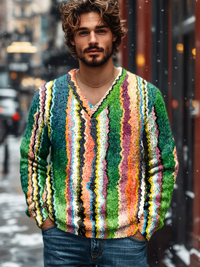 Gentleman Vintage Abstract Multicolor Stripe Art Print Knit V-Neck Pullover Sweater