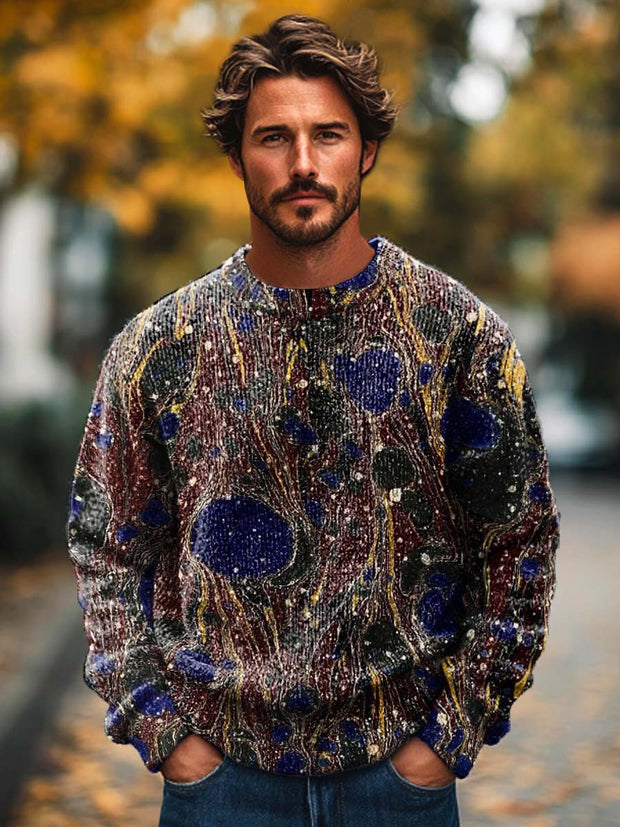 Men's abstract colorful textured art print long sleeved crewneck sweater