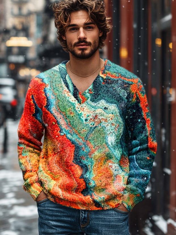 Gentleman's Vintage Multicolor Textured Art Print Knit V-Neck Pullover Shirt