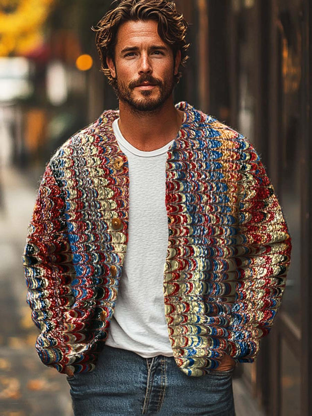 Men's fashion abstract color art print long sleeve sweater cardigan