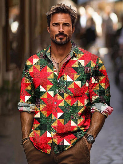 Christmas Theme Red and Green Star Vintage Print Long Sleeve Lapel Shirt