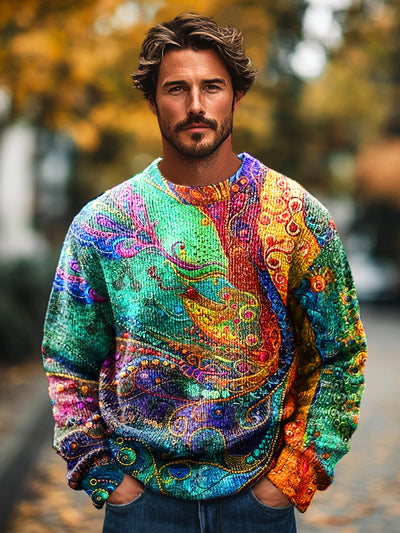 Gentleman Vintage Multicolor Abstract Art Print Knit Crew Neck Pullover Shirt