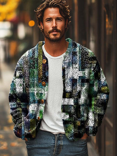 Men's fashion abstract geometric art print long sleeve sweater cardigan