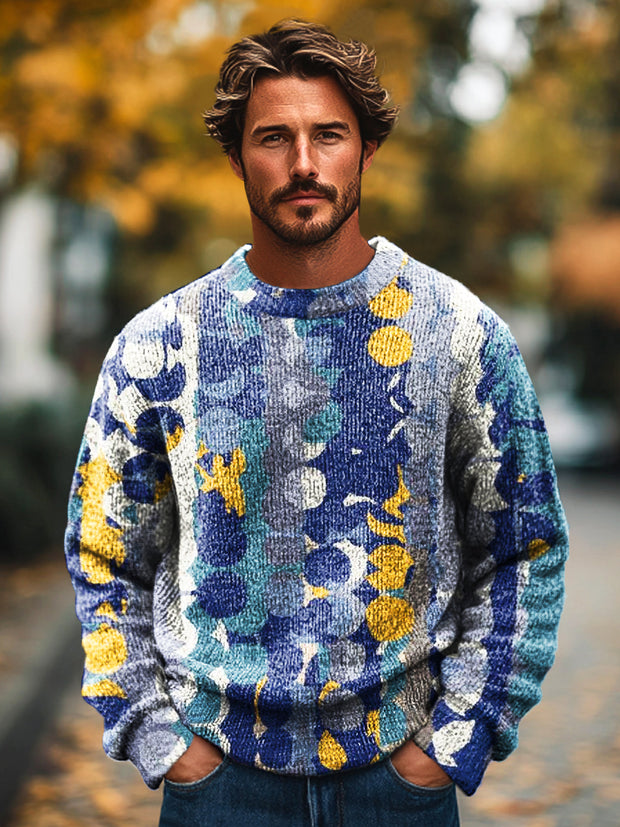 Gentleman Vintage Multicolor Abstract Dot Art Print Knit Crew Neck Pullover Sweater