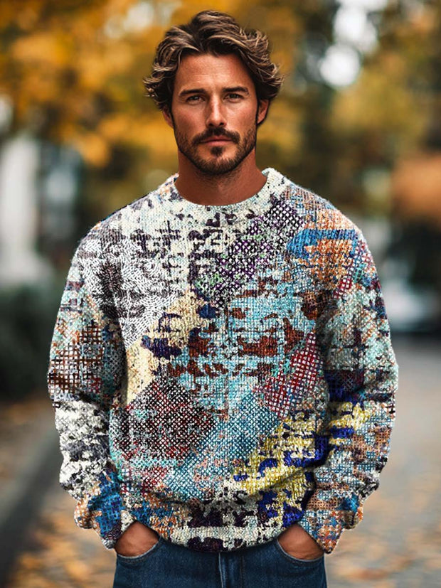 Men's fashion abstract color art print long sleeved crew neck sweater