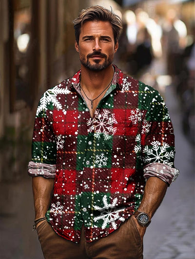 Christmas Theme Snowflake Plaid Vintage Print Long Sleeve Lapel Shirt