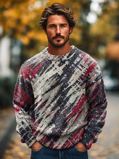 Men's fashion abstract color art print long sleeved crew neck sweater