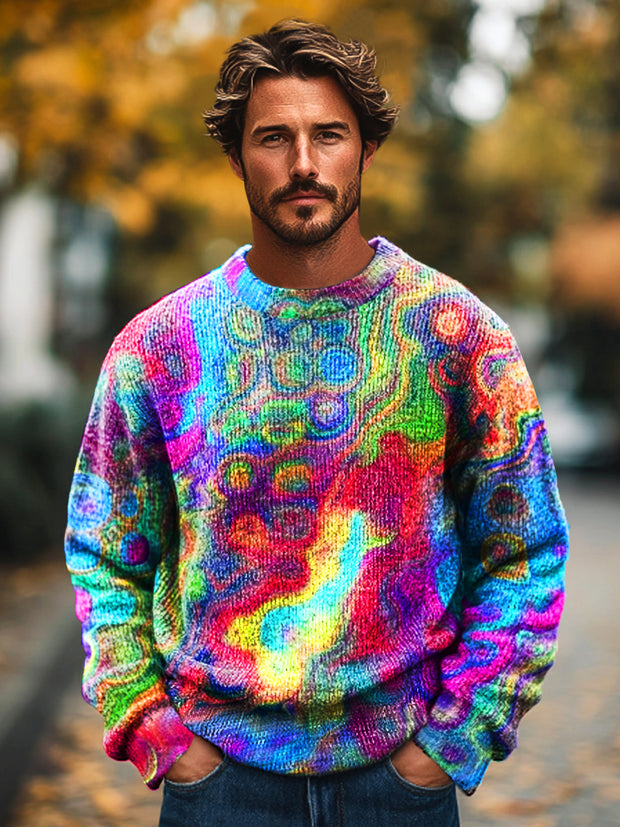 Gentleman Vintage Multicolor Irregular Art Print Knit Crew Neck Pullover Shirt