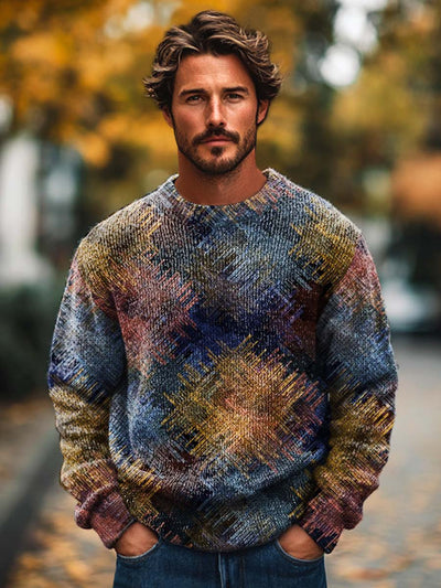 Men's fashion abstract colorful puzzle art print long sleeved crew neck sweater