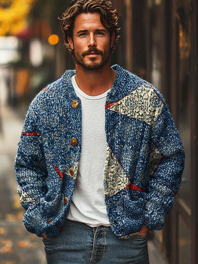 Men's fashion ethnic patchwork printed long-sleeved sweater cardigan