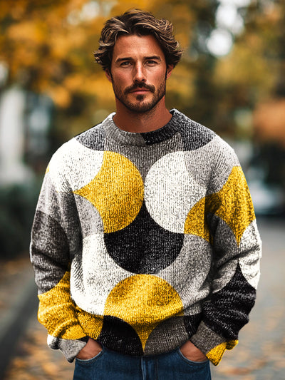 Gentleman Vintage Multicolor Scalloped Art Print Knit Crew Neck Pullover