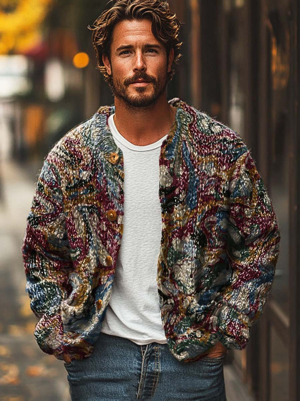 Men's fashion abstract texture art print long sleeve sweater cardigan