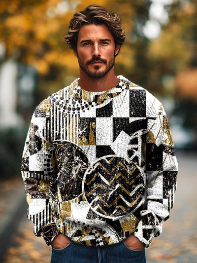 Men's abstract irregular geometric art print long sleeved crewneck sweater