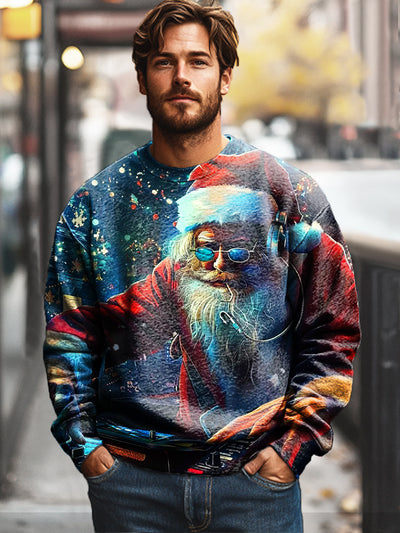 Christmas DJ Santa Claus Vintage Print Cotton Crew Neck Sweatshirt