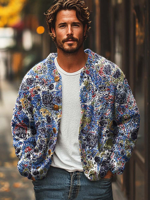 Men's fashion abstract art print long sleeve sweater cardigan