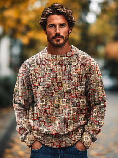 Men's Colorful Irregular Geometric Art Print Long Sleeved Crew Neck Sweater