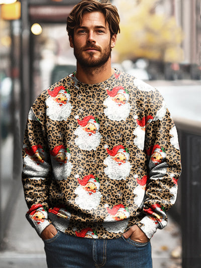 Christmas Themed Leopard Santa Vintage Print Cotton Crew Neck Sweatshirt