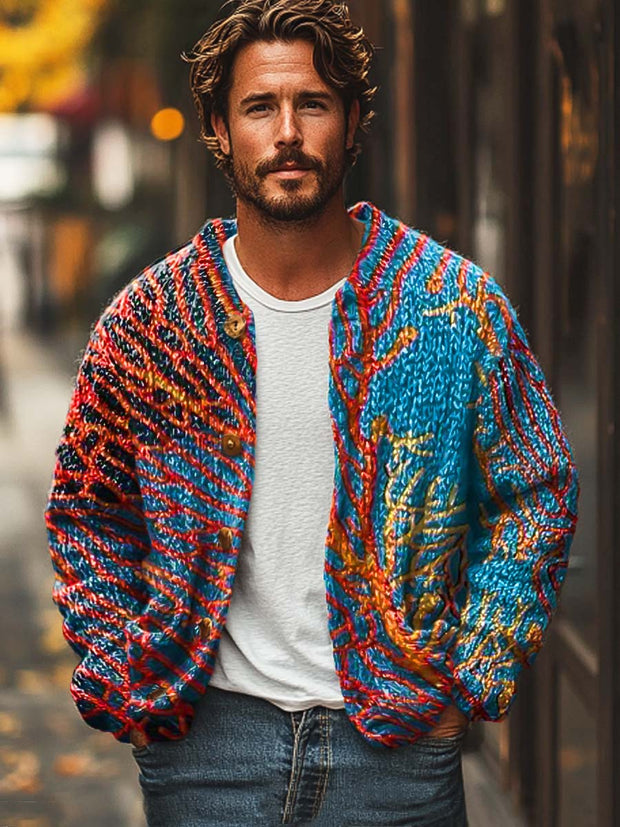 Men's fashion abstract ocean coral print long sleeve sweater cardigan