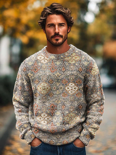 Men's elegant ethnic texture art print long-sleeved crewneck sweater