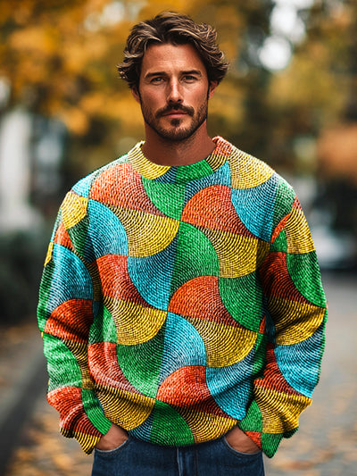 Gentleman's Vintage Multicolor Line Scalloped Art Print Knit Crew Neck Pullover