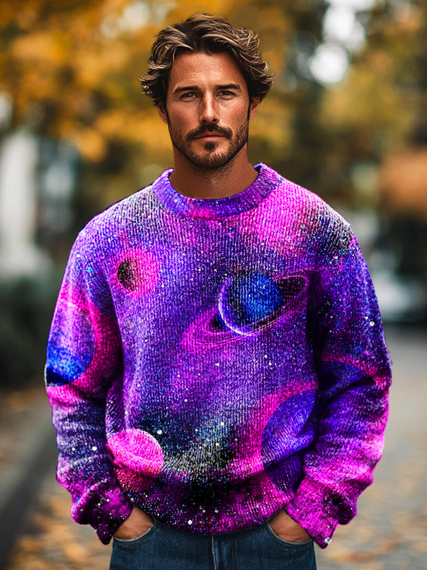 Gentleman Vintage Neon Planet Art Print Knit Crew Neck Pullover Sweatshirt