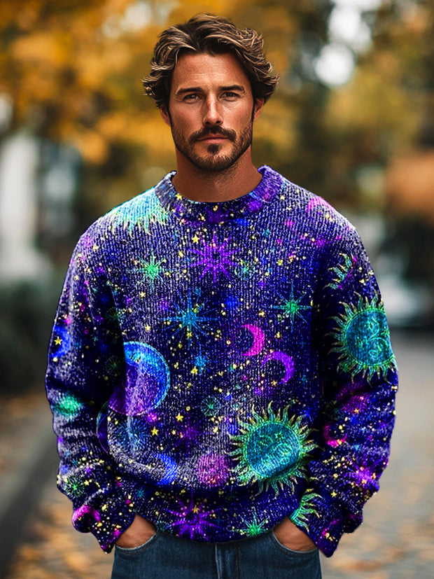 Gentleman Vintage Neon Sun God Art Print Knit Crew Neck Pullover Sweatshirt