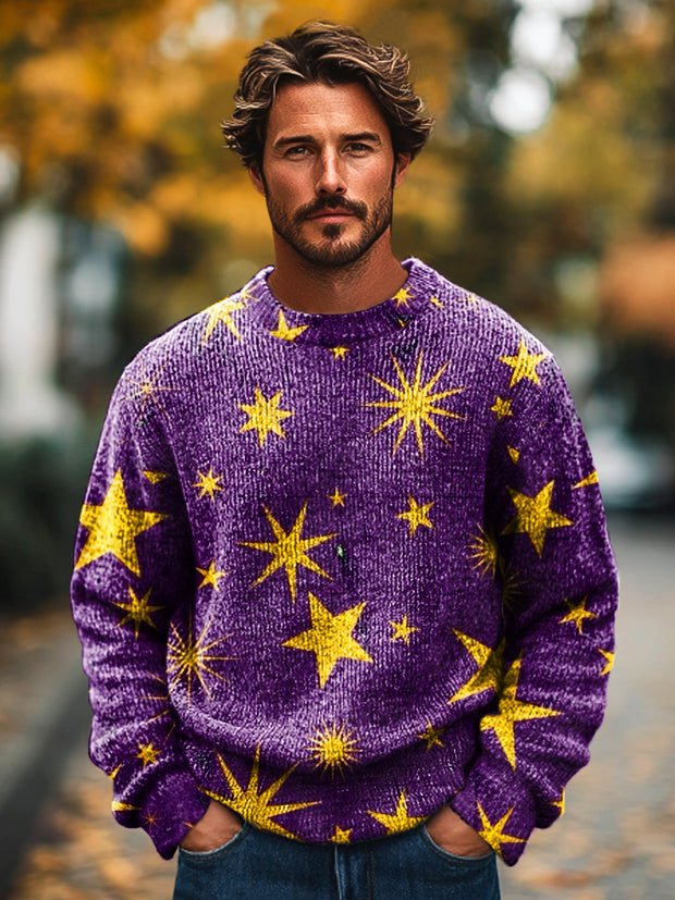 Gentleman Vintage Purple Star Art Print Knit Crew Neck Pullover Sweater