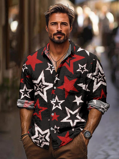 Gentleman Vintage Black Red White Star Art Print Lapel Long Sleeve Shirt