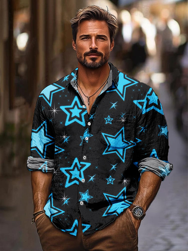 Gentleman Vintage Blue Star Art Print Lapel Long Sleeve Shirt