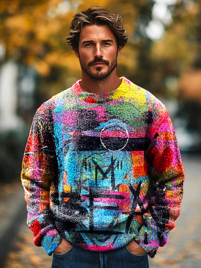 Gentleman Vintage Street Graffiti Art Print Knit Crew Neck Pullover Sweatshirt