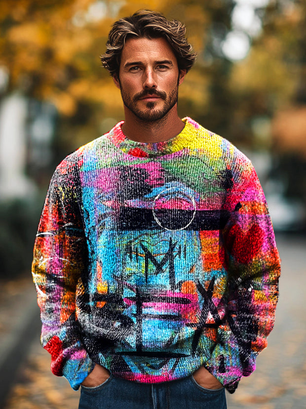 Gentleman Vintage Street Graffiti Art Print Knit Crew Neck Pullover Sweatshirt