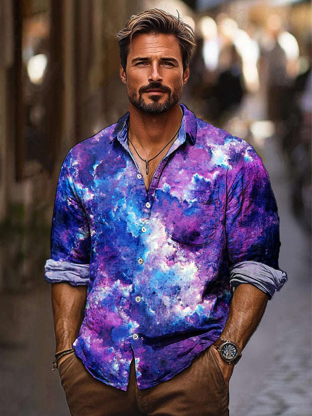 Gentleman Vintage Color Swoosh Art Print Lapel Long Sleeve Shirt