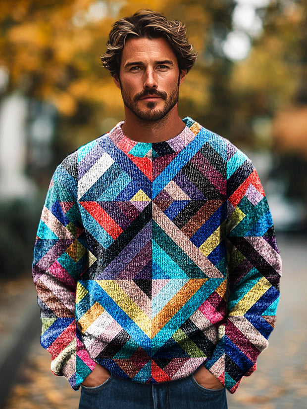 Gentleman's Vintage Color Line Geometric Art Print Knit Crew Neck Pullover