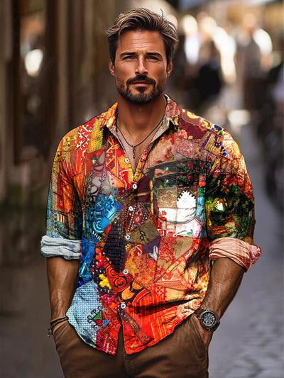 Gentleman Vintage Multicolor Abstract Eye Art Print Lapel Long Sleeve Shirt