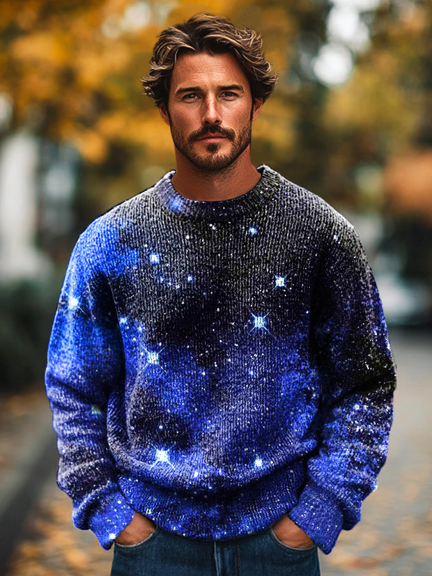 Gentleman's Vintage Galaxy Star Art Print Knit Crew Neck Pullover Hoodie