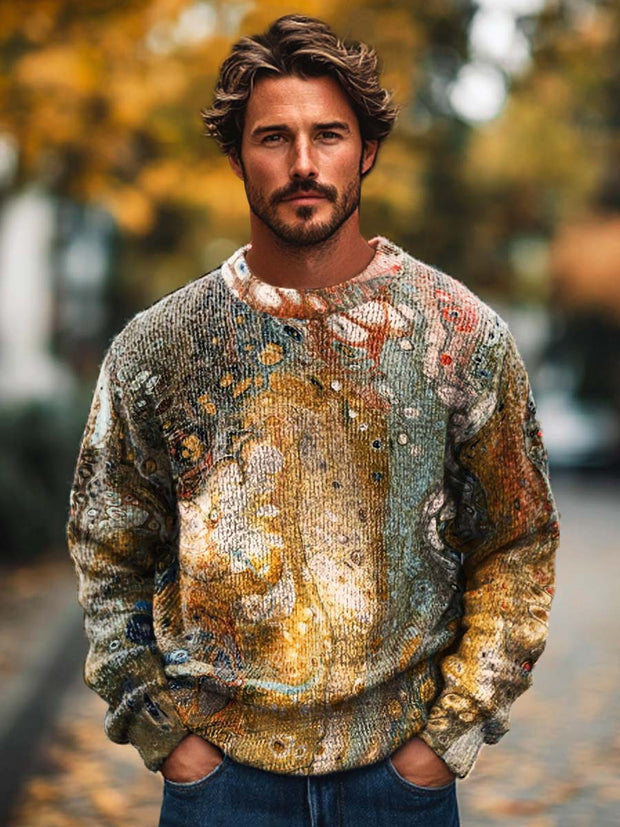 Men's fashion trends abstract texture art print crew neck sweater