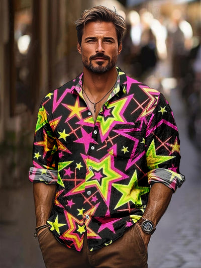 Gentleman Vintage Multicolor Abstract Star Art Print Lapel Long Sleeve Shirt